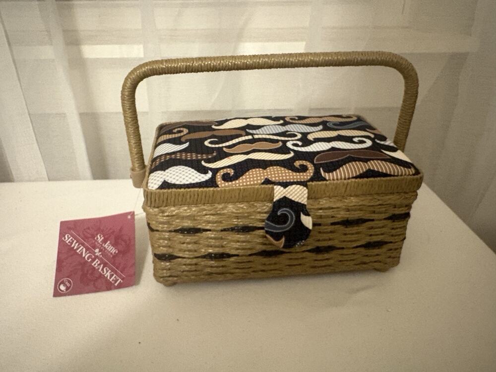 St. Jane Collection Sewing Basket Box Mustache Removable Tray Faux Ratan